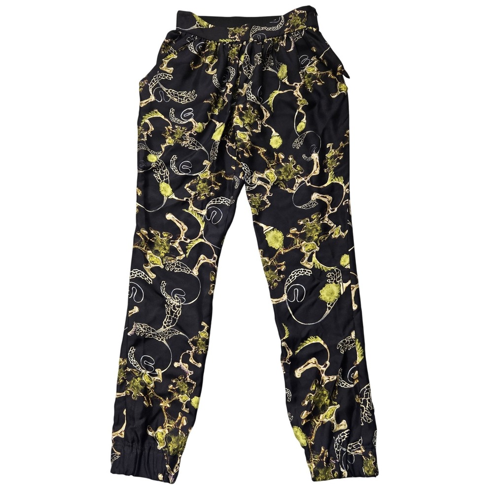 Altuzarra Pants Womens 36 Black Green Yellow Silk Elastic Waist Tapered Italy‎